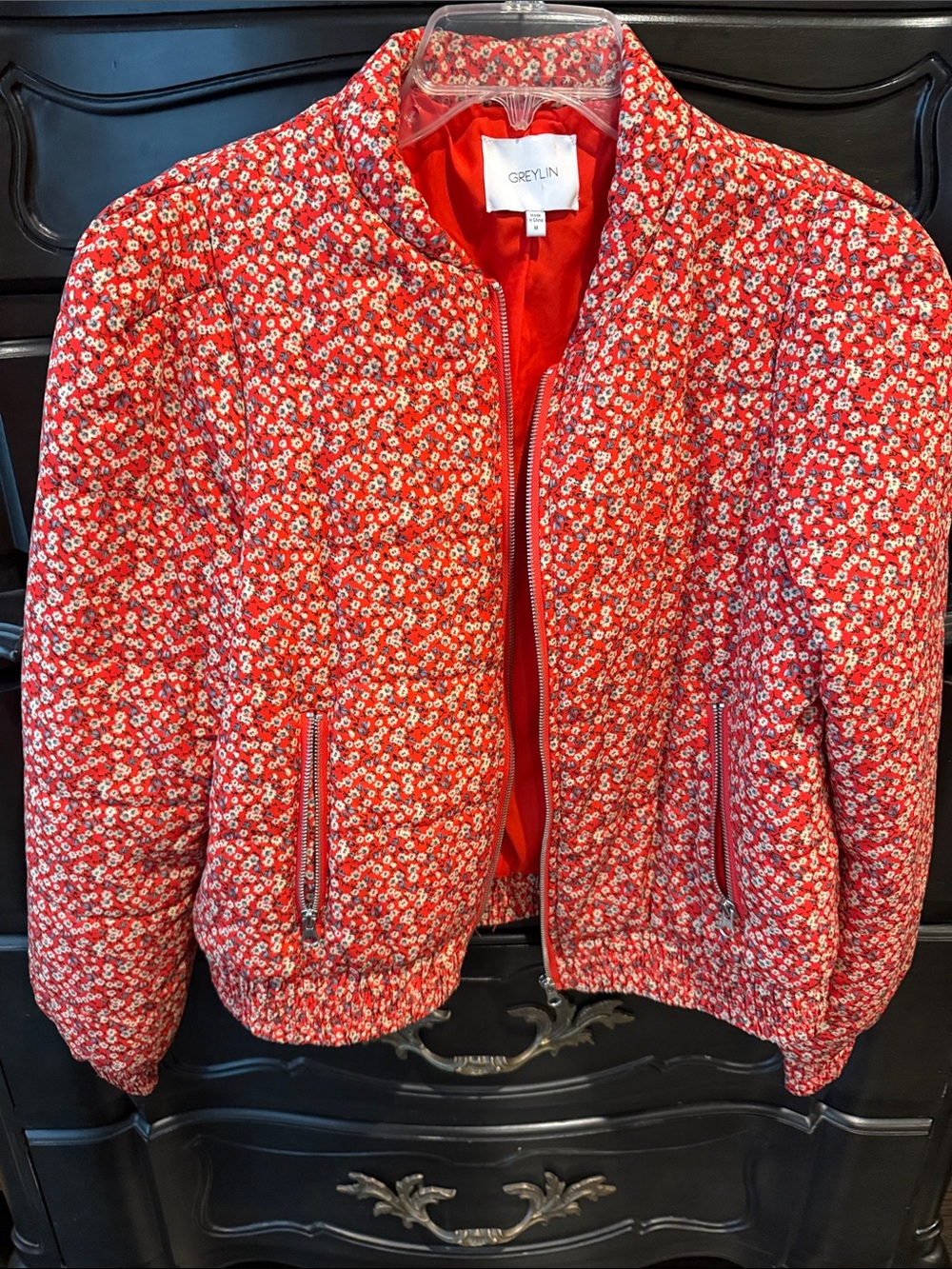 Greylin Red Floral Quilted Puffer Jacket